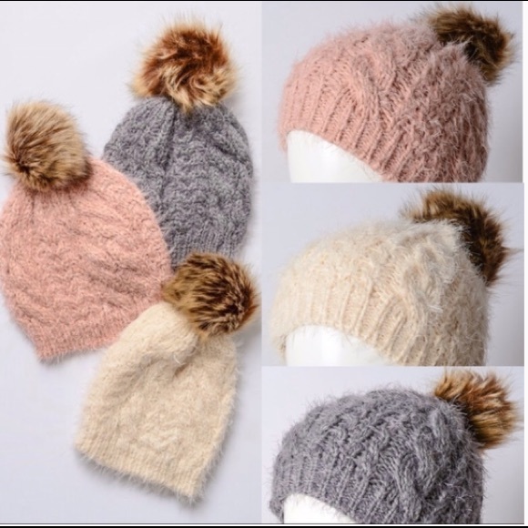 Accessories - Fuzzy Beanies w/ Faux fur Pom Pom